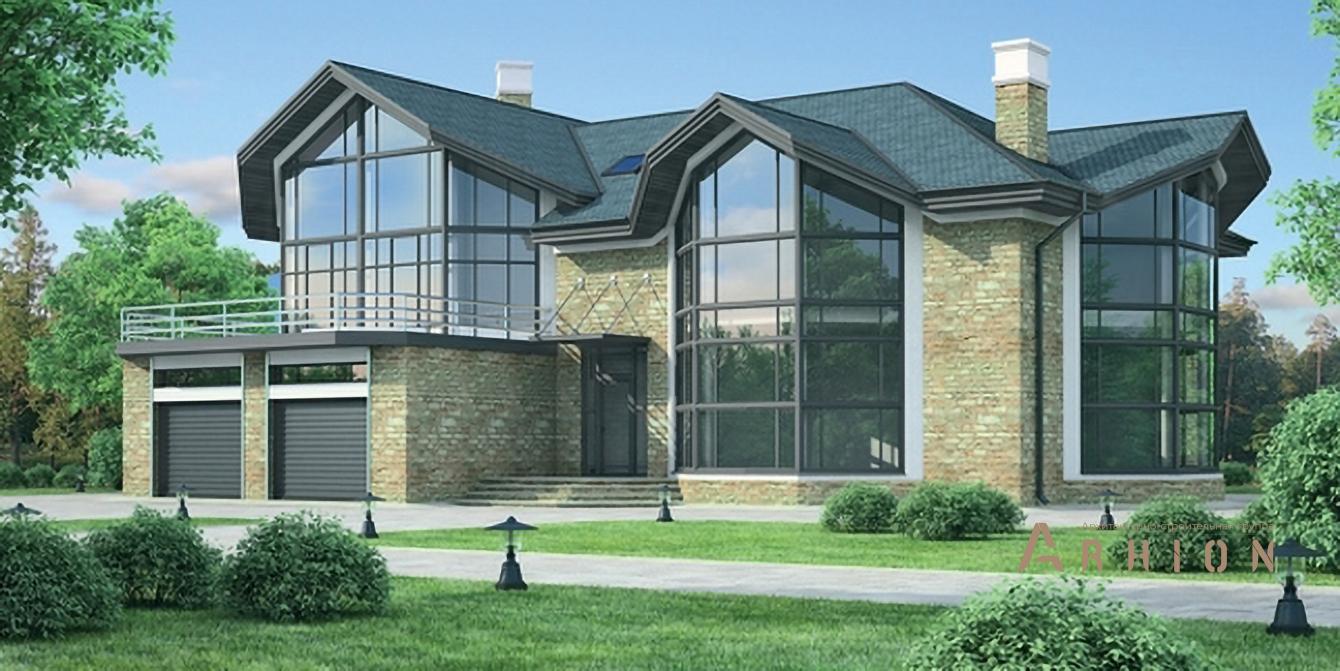 1. Проект одноэтажного дома в современном стиле с многоскатной кровлей, 37-02, площадью - 368 кв c мансардой, терассой, балконом, гаражом, эркером