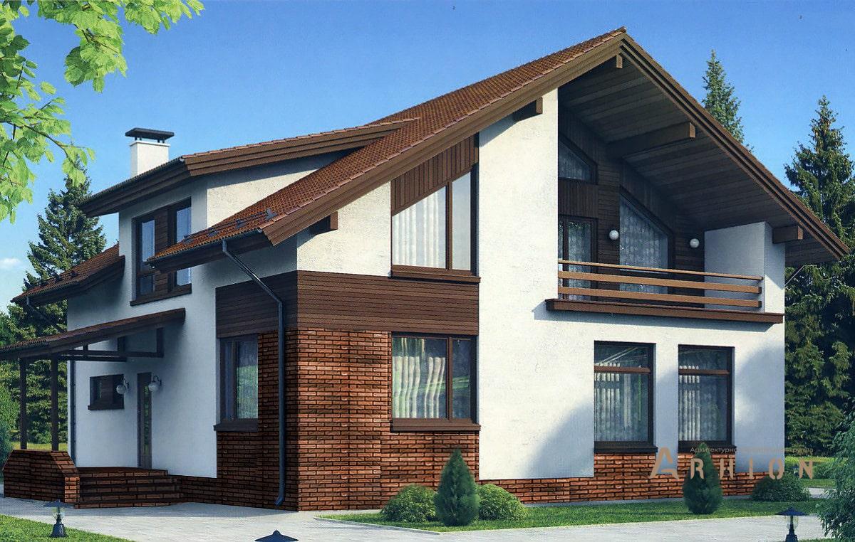 1. Проект одноэтажного дома в европейском стиле с двускатной кровлей, 37-18, площадью - 219 кв c мансардой, балконом