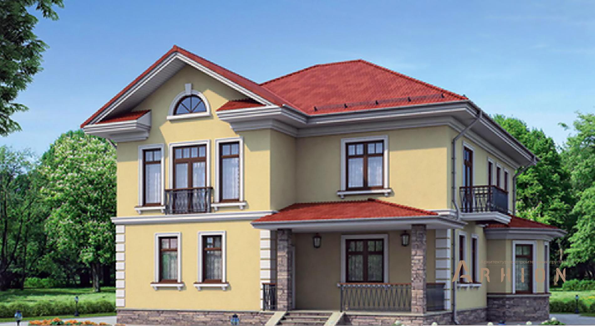 1. Проект двухэтажного дома в современном стиле с многоскатной кровлей, 37-21, площадью - 219 кв c терассой, балконом, эркером