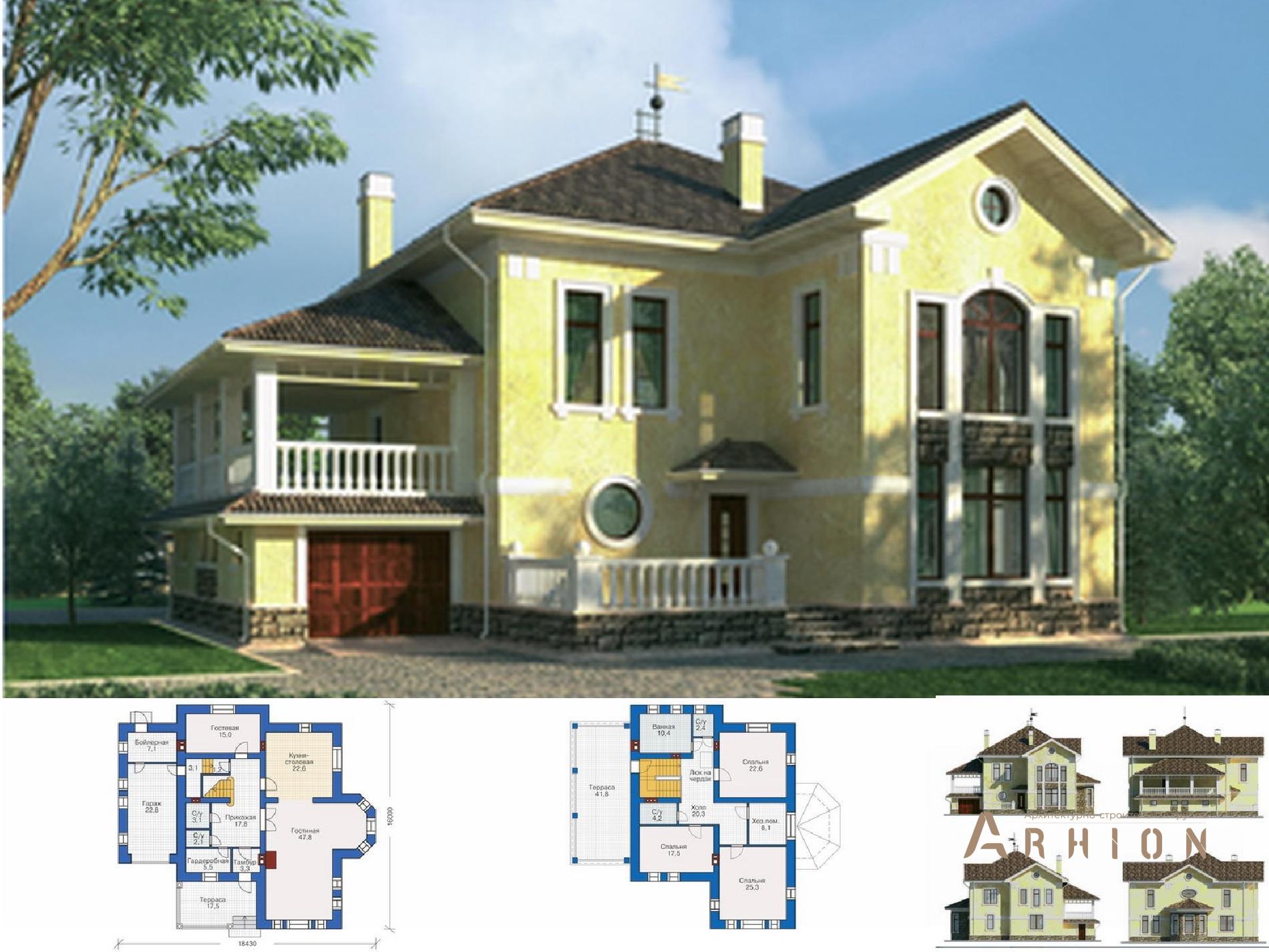 1. Проект двухэтажного дома в европейском стиле с многоскатной кровлей, 37-24, площадью - 267 кв c балконом, гаражом, эркером