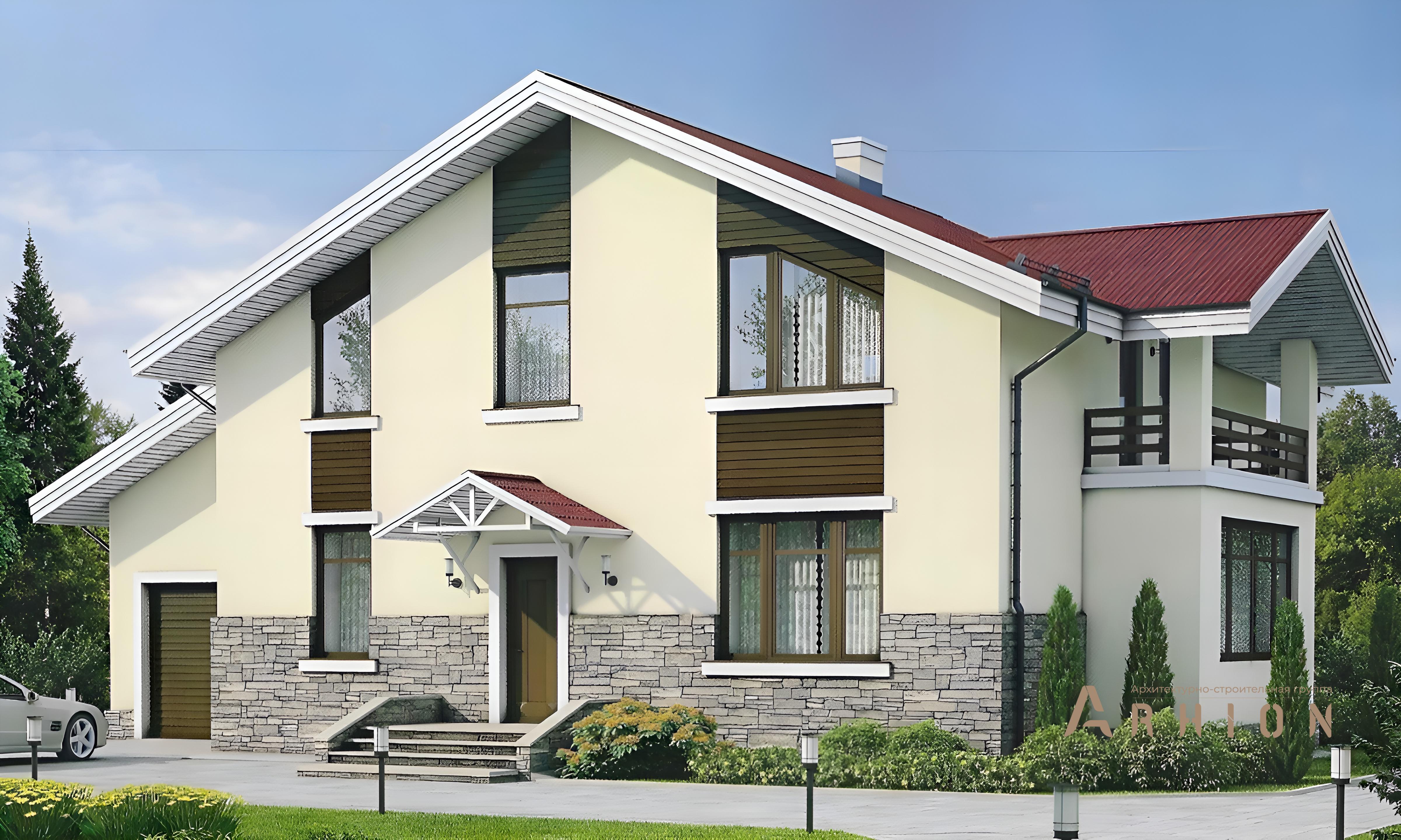 1. Проект одноэтажного дома в скандинавском стиле с двускатной кровлей, 37-26, площадью - 206 кв c мансардой, балконом, гаражом, эркером