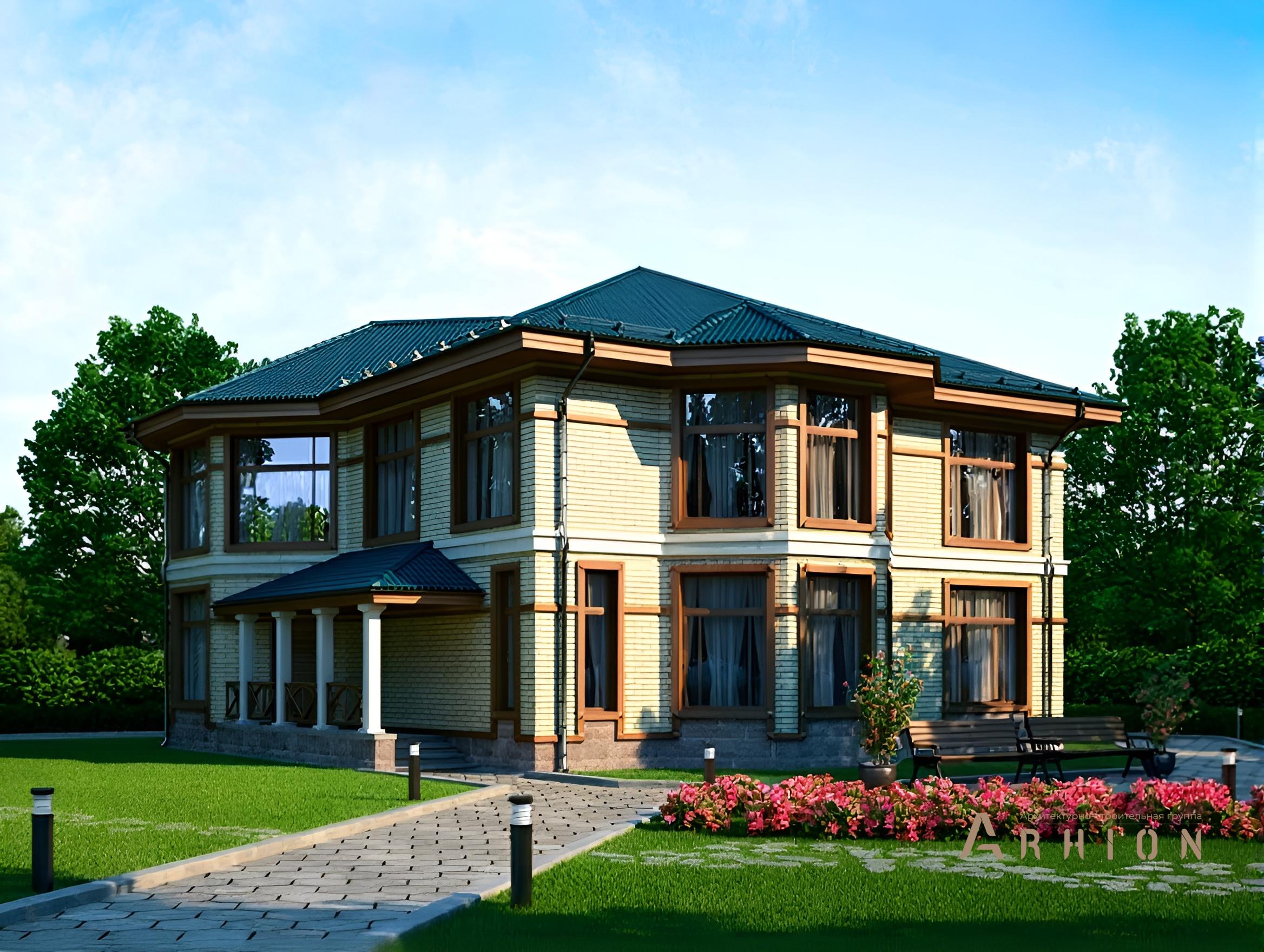 1. Проект двухэтажного дома в европейском стиле с многоскатной кровлей, 37-28, площадью - 263 кв c терассой, эркером, вторым светом