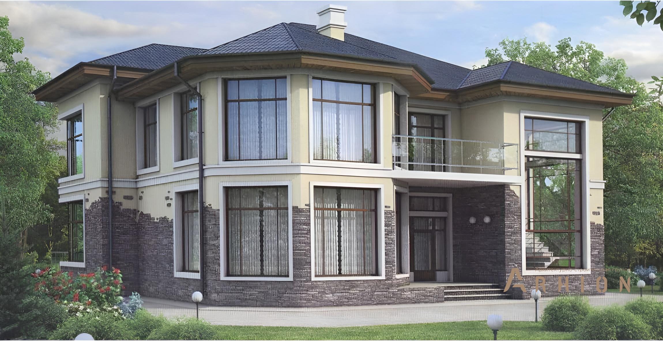 1. Проект двухэтажного дома в современном стиле с многоскатной кровлей, 37-29, площадью - 238 кв c терассой, балконом, эркером, вторым светом