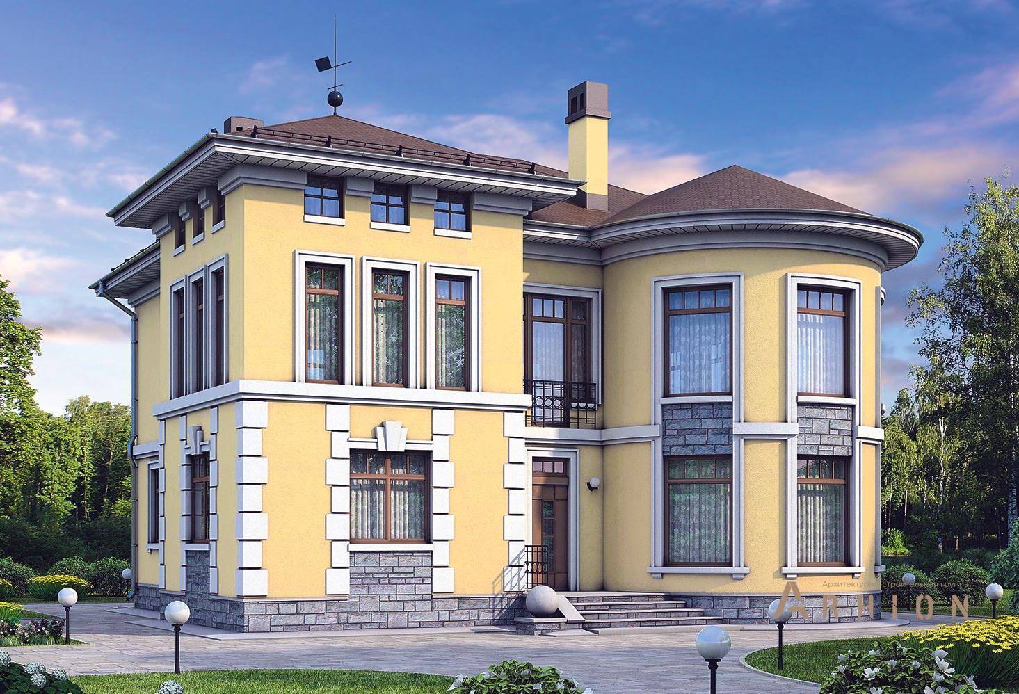 1. Проект двухэтажного дома в современном классическом стиле с многоскатной кровлей, 37-30, площадью - 218 кв c терассой, эркером