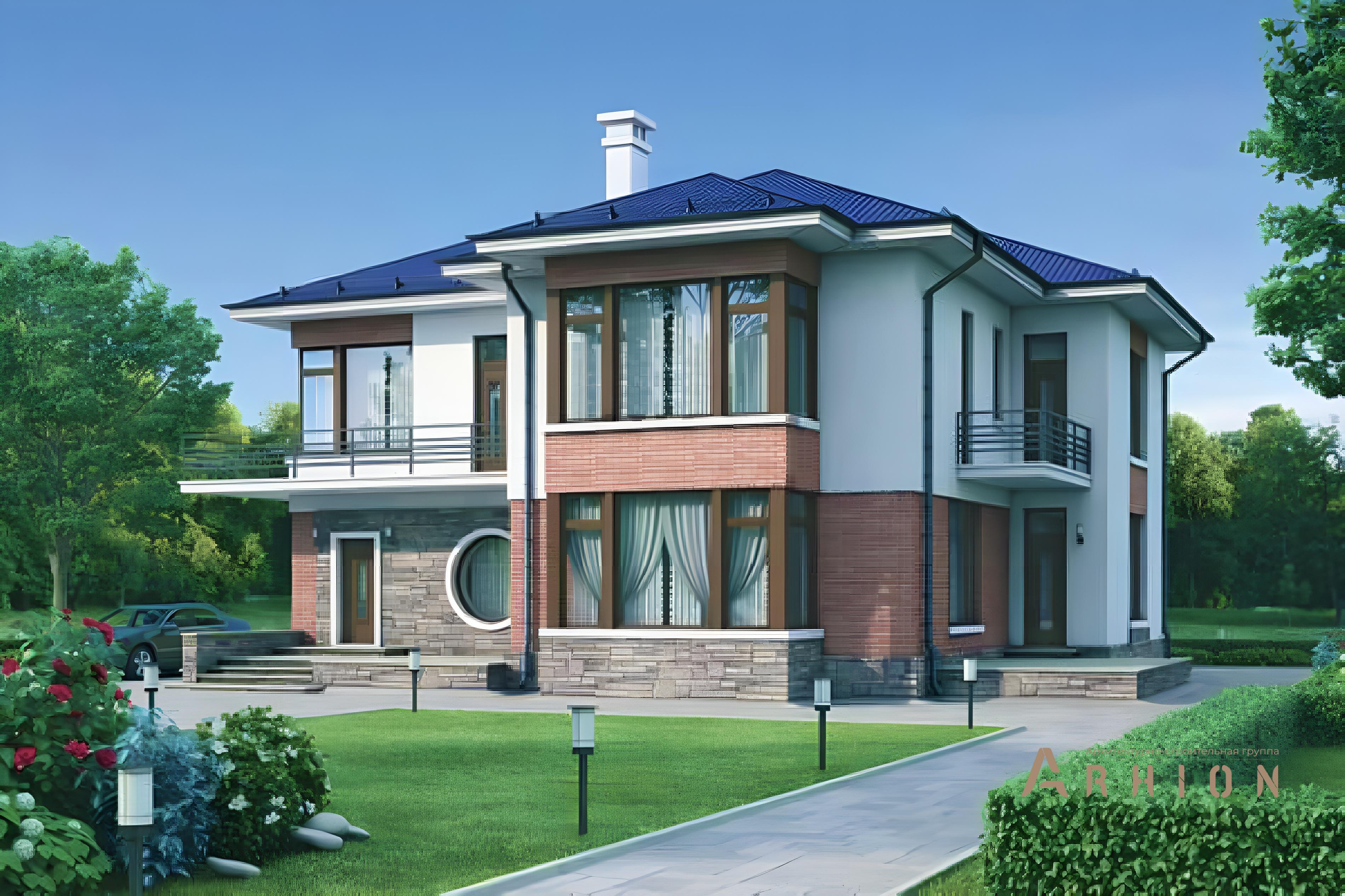 1. Проект двухэтажного дома в современном стиле с многоскатной кровлей, 37-43, площадью - 271 кв c терассой, балконом, эркером