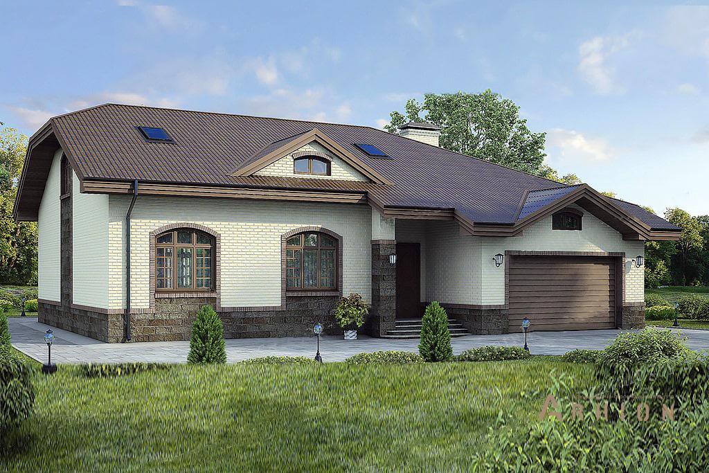 1. Проект одноэтажного дома в европейском стиле с двускатной кровлей, 37-44, площадью - 418 кв c мансардой, гаражом