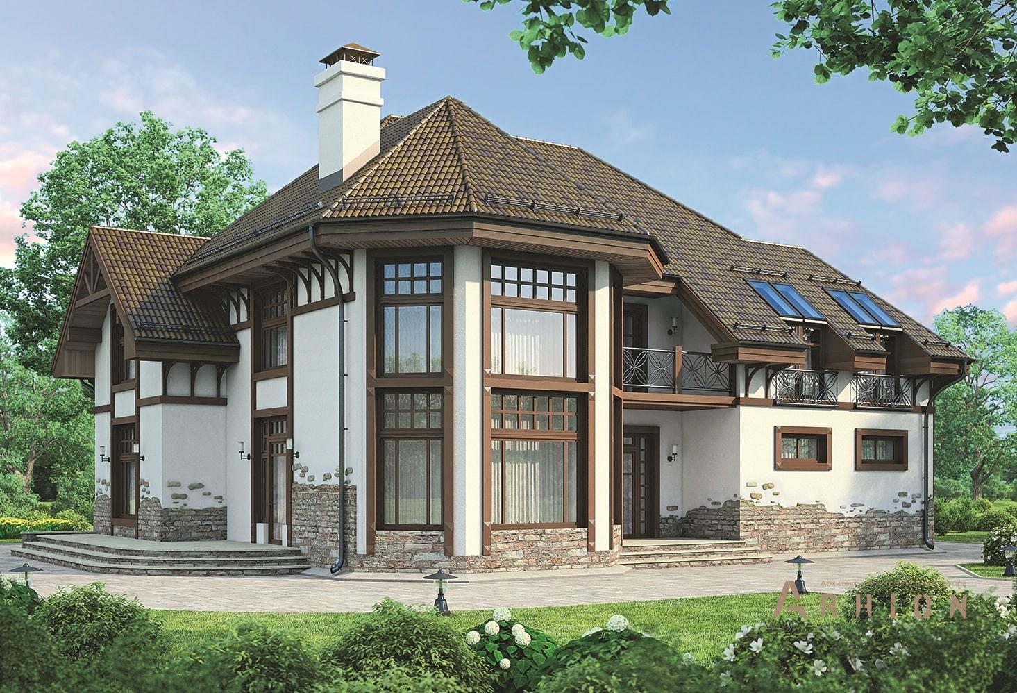 1. Проект одноэтажного дома в европейском стиле с многоскатной кровлей, 37-49, площадью - 285 кв c мансардой, сауной, терассой, эркером, вторым светом