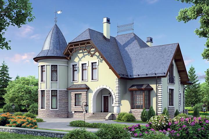 1. Проект одноэтажного дома в дворцовом стиле с многоскатной кровлей, 37-51, площадью - 284 кв c мансардой, терассой, эркером