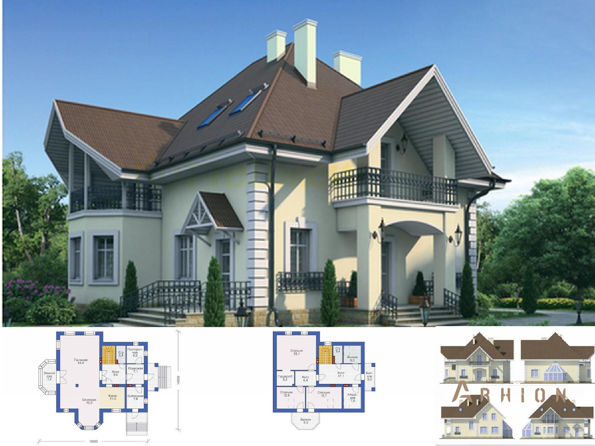 1. Проект одноэтажного дома в европейском стиле с многоскатной кровлей, 37-52, площадью - 221 кв c мансардой, терассой, балконом, эркером