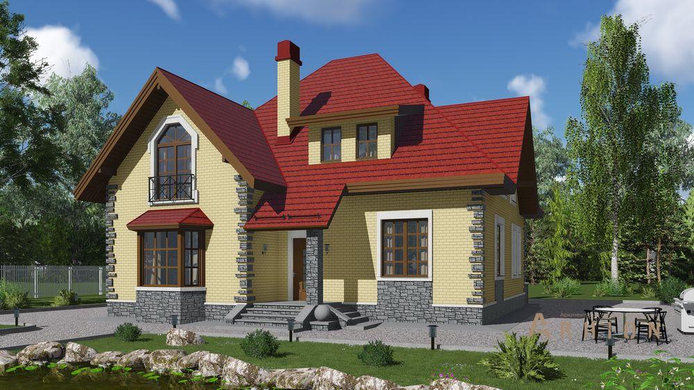 1. Проект одноэтажного дома в европейском стиле с многоскатной кровлей, 37-79, площадью - 203 кв c мансардой, эркером