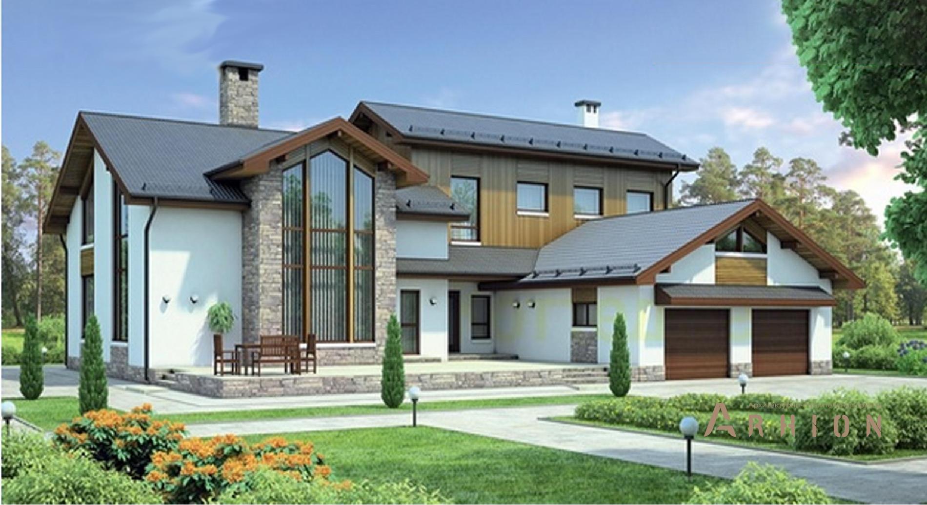 1. Проект одноэтажного дома в альпийском стиле с многоскатной кровлей, 37-88, площадью - 408 кв c мансардой, сауной, терассой, гаражом, эркером, вторым светом