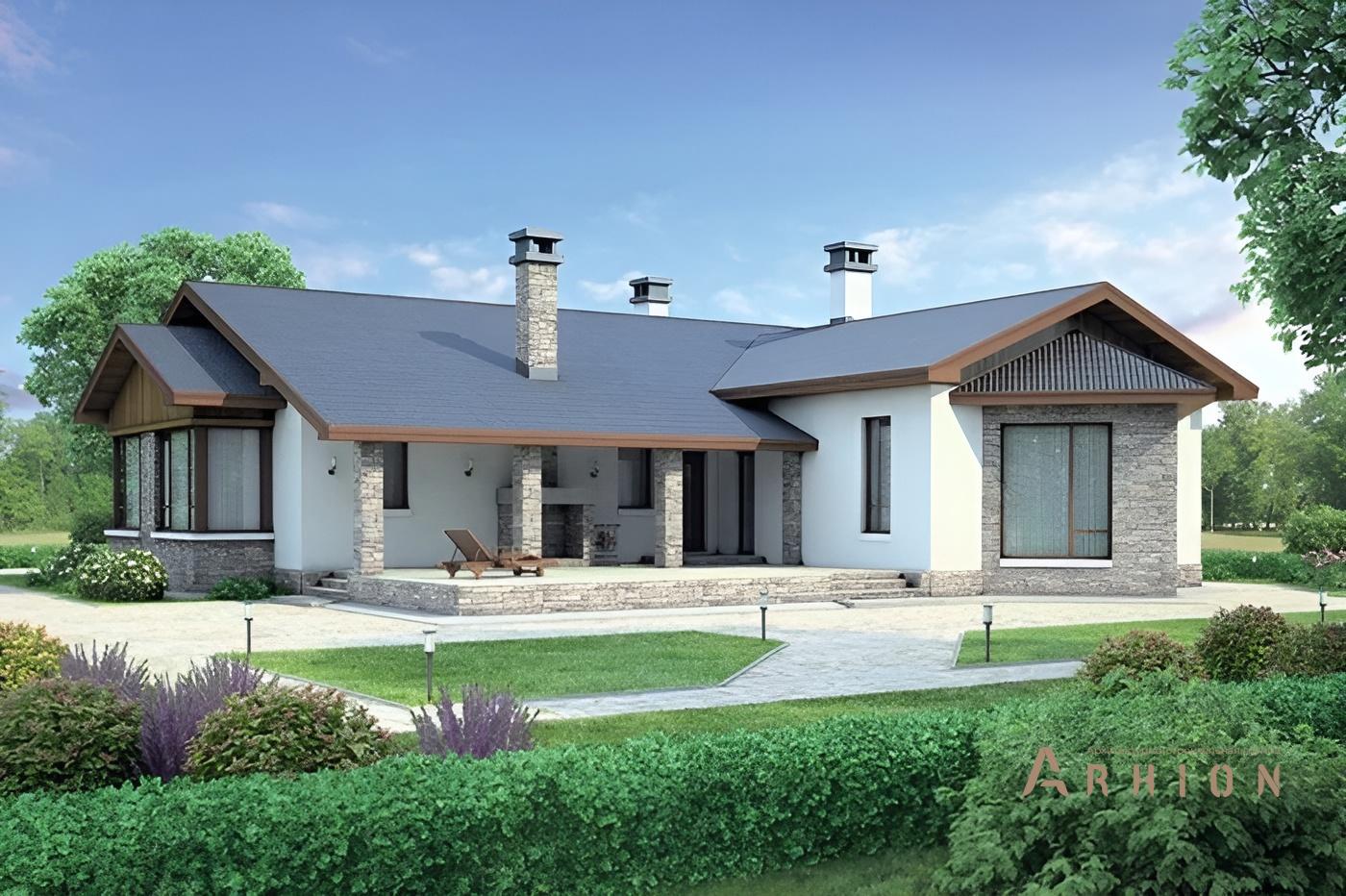 2. Проект одноэтажного дома в альпийском стиле с двускатной кровлей, 37-98, площадью - 174 кв c терассой