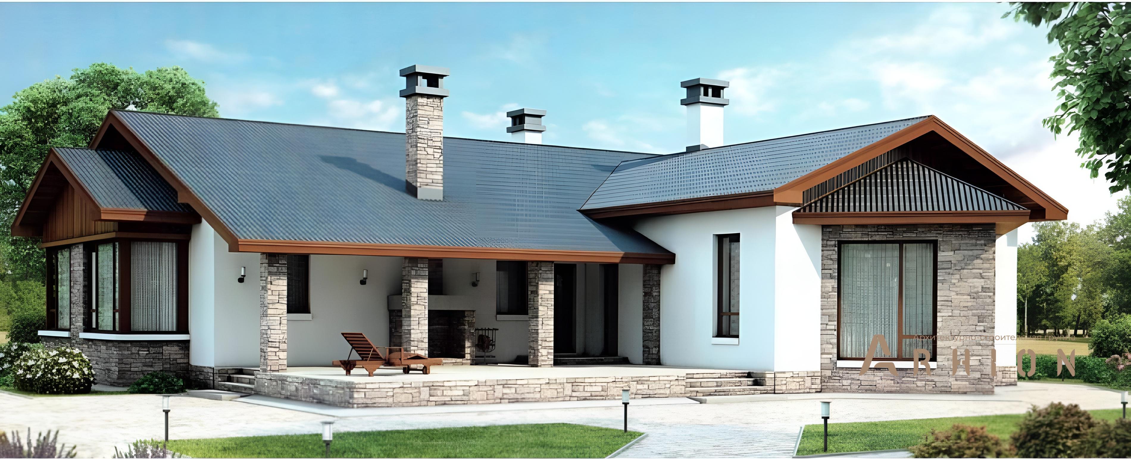 1. Проект одноэтажного дома в альпийском стиле с двускатной кровлей, 37-98, площадью - 174 кв c терассой