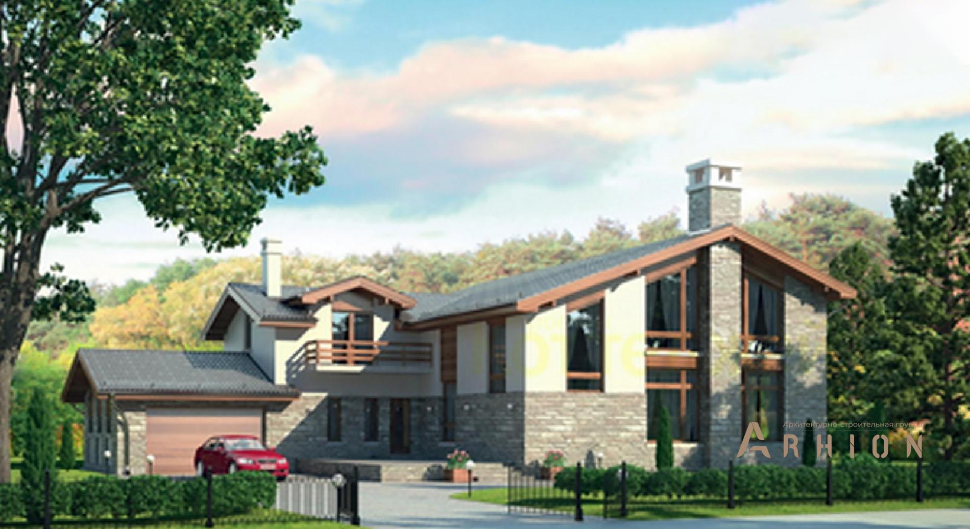 1. Проект одноэтажного дома в альпийском стиле с плоской кровлей , 38-01, площадью - 374 кв c мансардой, сауной, терассой, балконом, гаражом