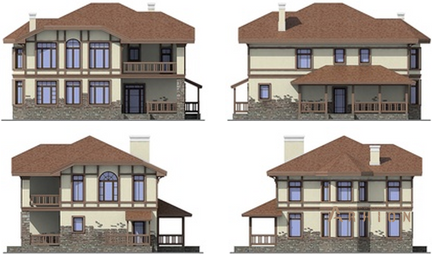 4. Проект двухэтажного дома в немецком стиле с многоскатной кровлей, 38-02, площадью - 174 кв c терассой, балконом