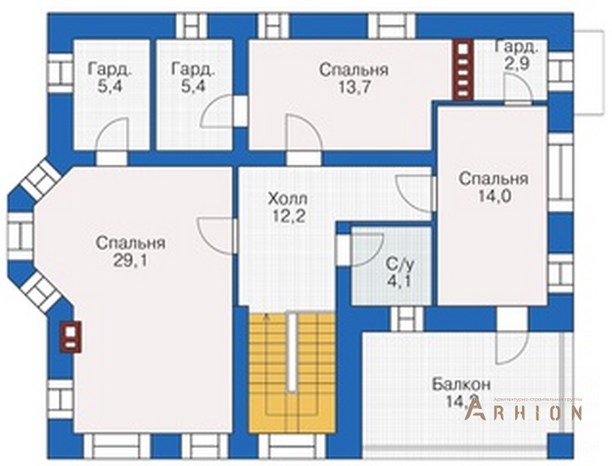 2. Проект двухэтажного дома в немецком стиле с многоскатной кровлей, 38-02, площадью - 174 кв c терассой, балконом
