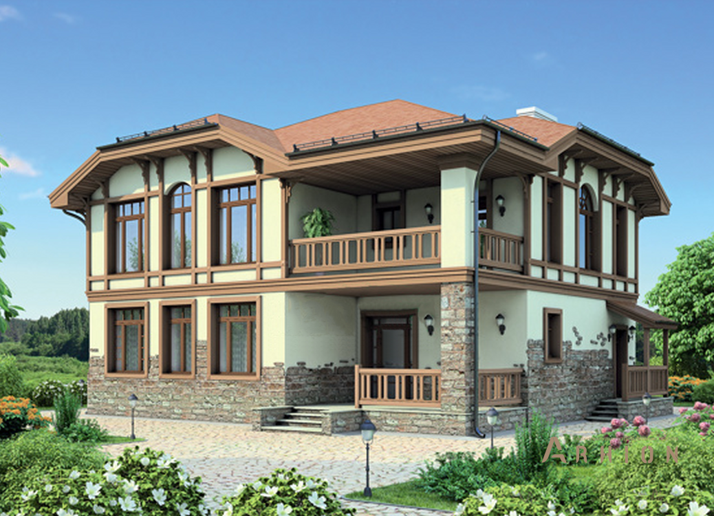 1. Проект двухэтажного дома в немецком стиле с многоскатной кровлей, 38-02, площадью - 174 кв c терассой, балконом