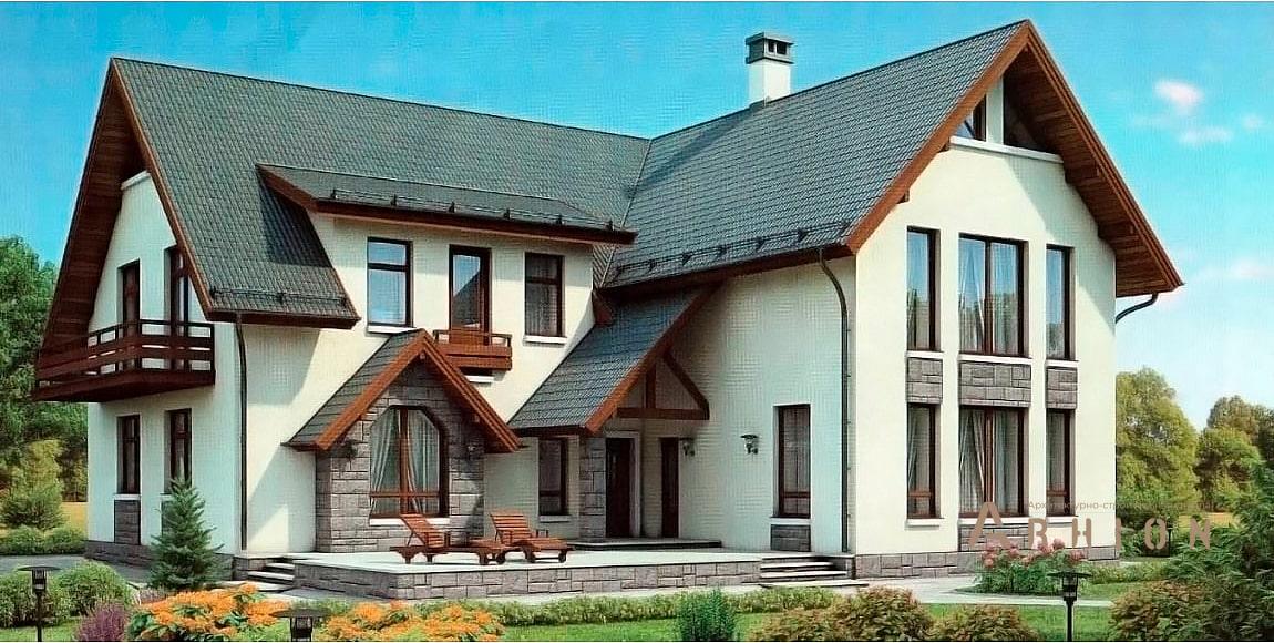 1. Проект одноэтажного дома в европейском стиле с двускатной кровлей, 38-09, площадью - 295 кв c мансардой, терассой, балконом, эркером, вторым светом