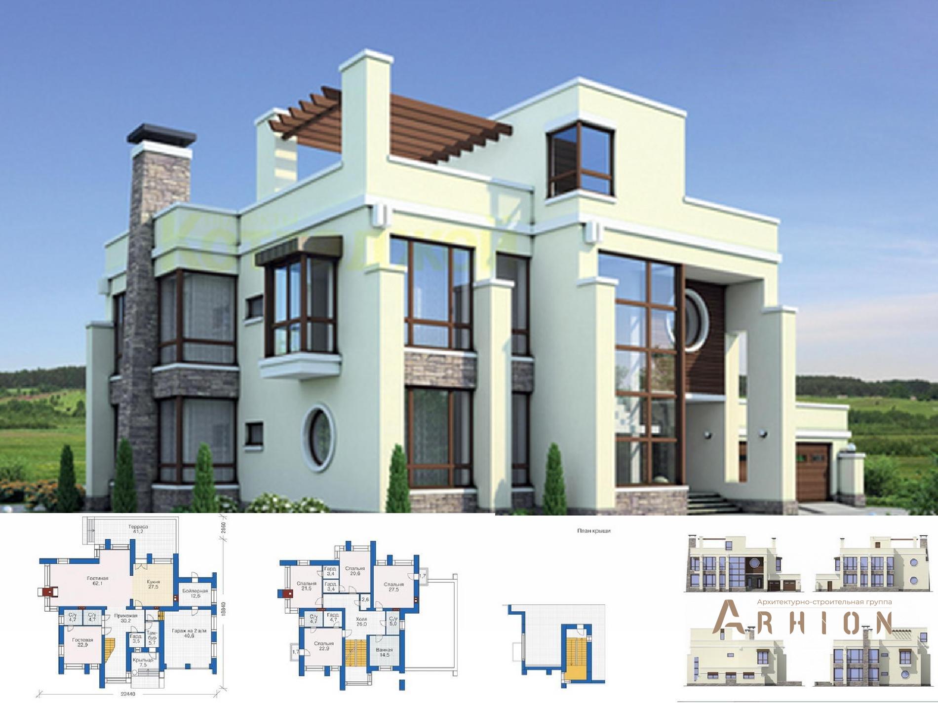 1. Проект двухэтажного дома в стиле хай-тек с плоской кровлей , 38-10, площадью - 374 кв c терассой, балконом, гаражом
