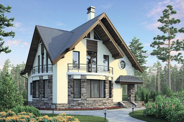 1. Проект одноэтажного дома в скандинавском стиле с четырехскатной, 38-53, площадью - 160 кв c мансардой, терассой, балконом