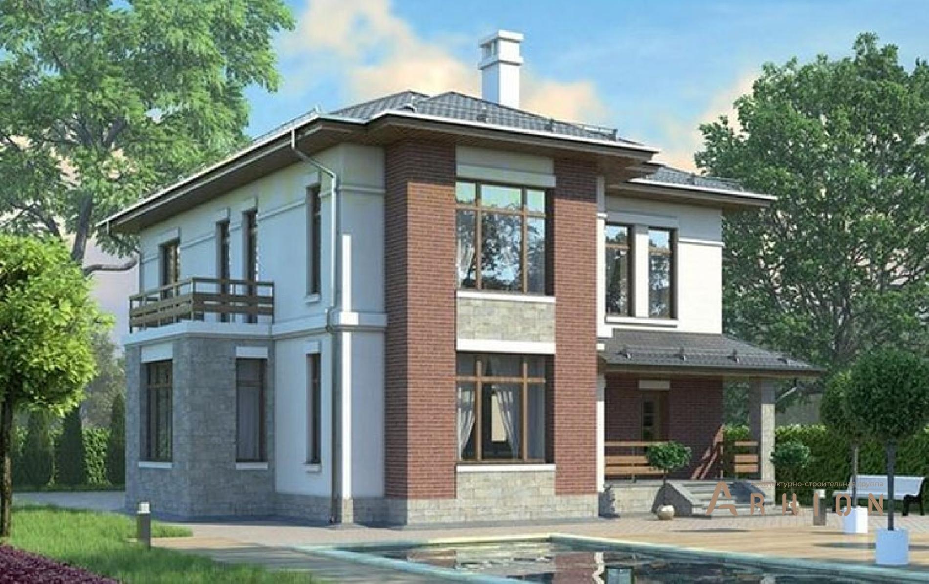 2. Проект двухэтажного дома в современном стиле с многоскатной кровлей, 38-63, площадью - 187 кв c терассой, балконом