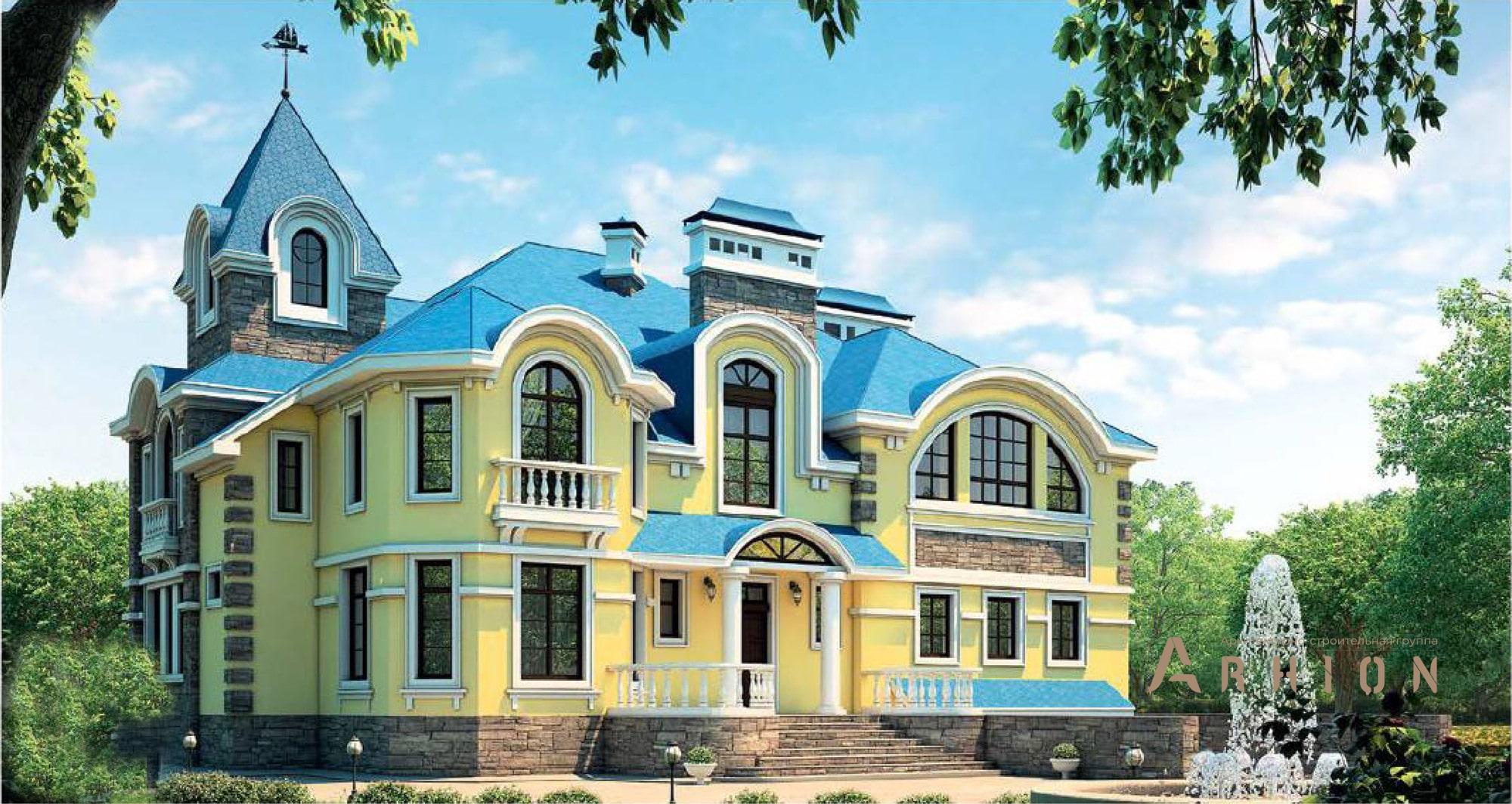 1. Проект двухэтажного дома в дворцовом стиле с многоскатной кровлей, 38-71, площадью - 680 кв c цокольным этажом, сауной, терассой, балконом, гаражом, бассейном, эркером, вторым светом