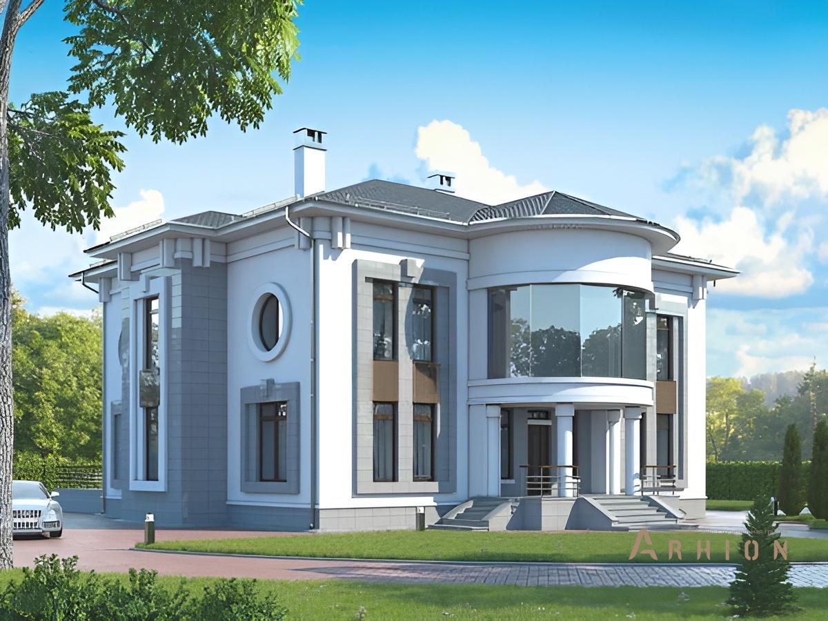 1. Проект двухэтажного дома в современном классическом стиле с четырехскатной, 38-93, площадью - 386 кв c терассой, эркером