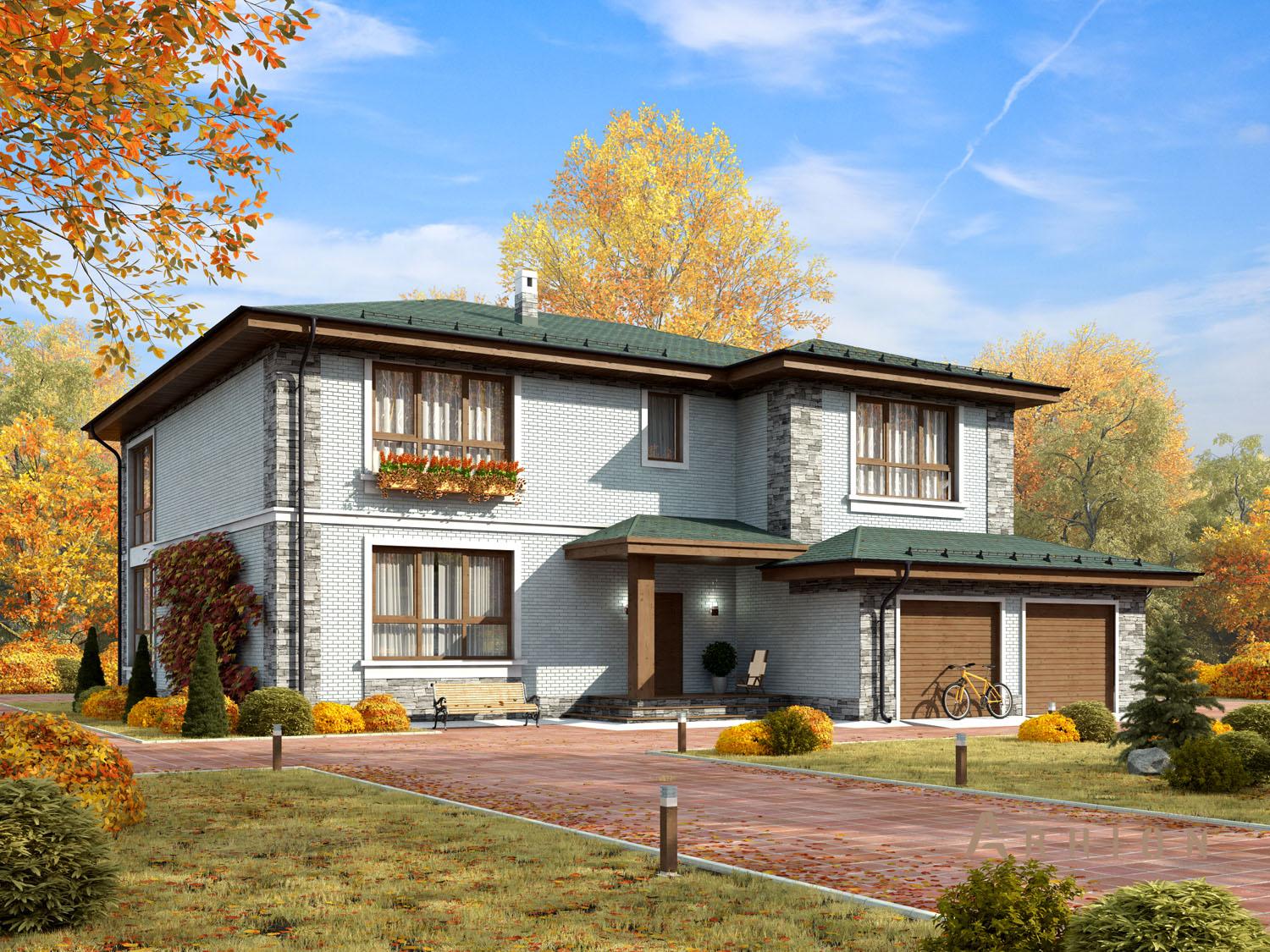 1. Проект двухэтажного дома в современном стиле с четырехскатной, 39-46, площадью - 404 кв c сауной, гаражом, бассейном, вторым светом