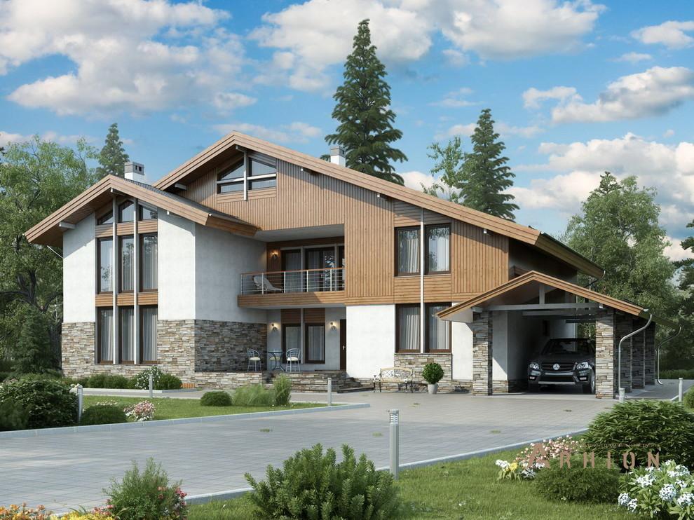 1. Проект двухэтажного дома в альпийском стиле с двускатной кровлей, 39-65, площадью - 326 кв c терассой, балконом, гаражом, эркером, вторым светом