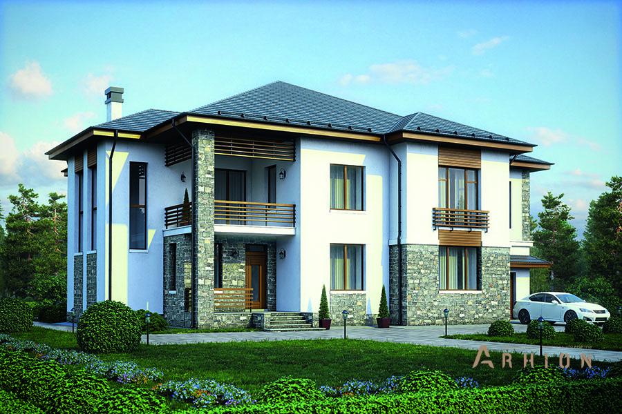 1. Проект двухэтажного дома в современном стиле с четырехскатной, 39-76, площадью - 314 кв c терассой, балконом, гаражом, эркером, вторым светом