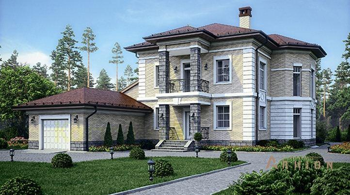 1. Проект двухэтажного дома в современном классическом стиле с многоскатной кровлей, 39-86, площадью - 286 кв c терассой, балконом, гаражом, эркером, вторым светом