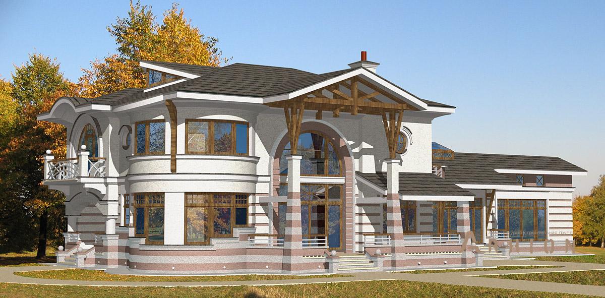 1. Проект двухэтажного дома в стиле модерн с многоскатной кровлей, 40-32, площадью - 455 кв c сауной, терассой, бассейном, эркером, вторым светом