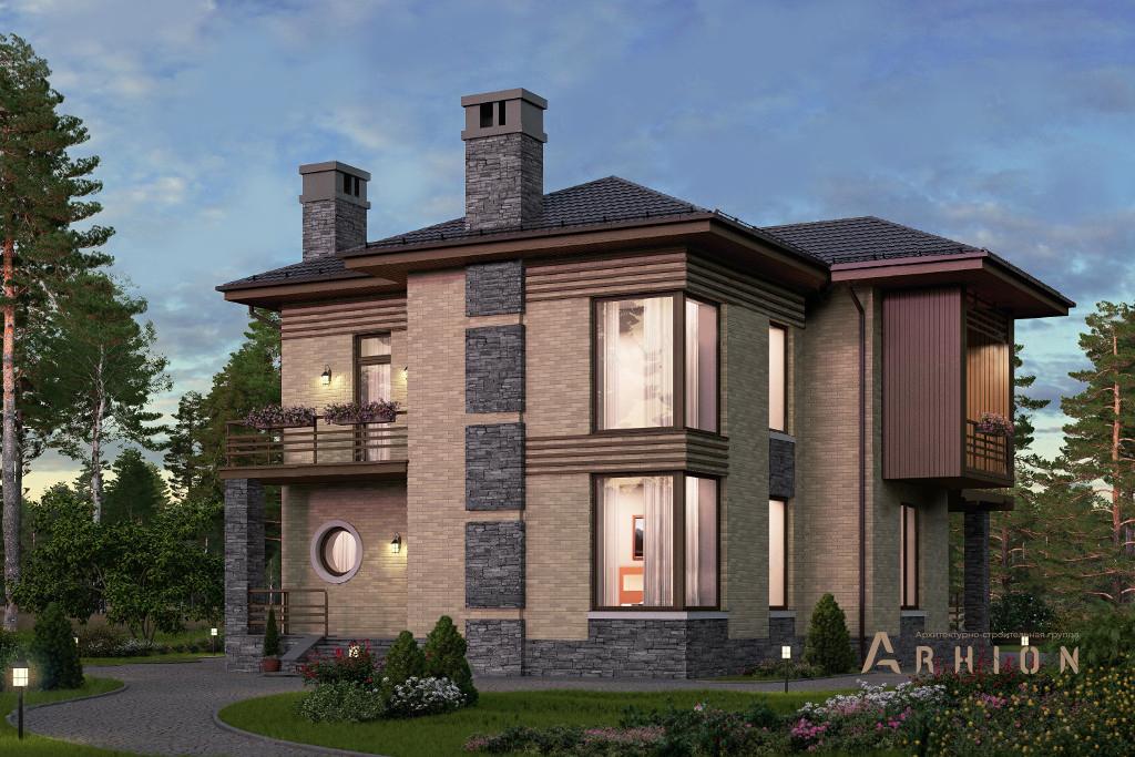 1. Проект двухэтажного дома в современном стиле с четырехскатной, 40-56, площадью - 267 кв c терассой, балконом, вторым светом