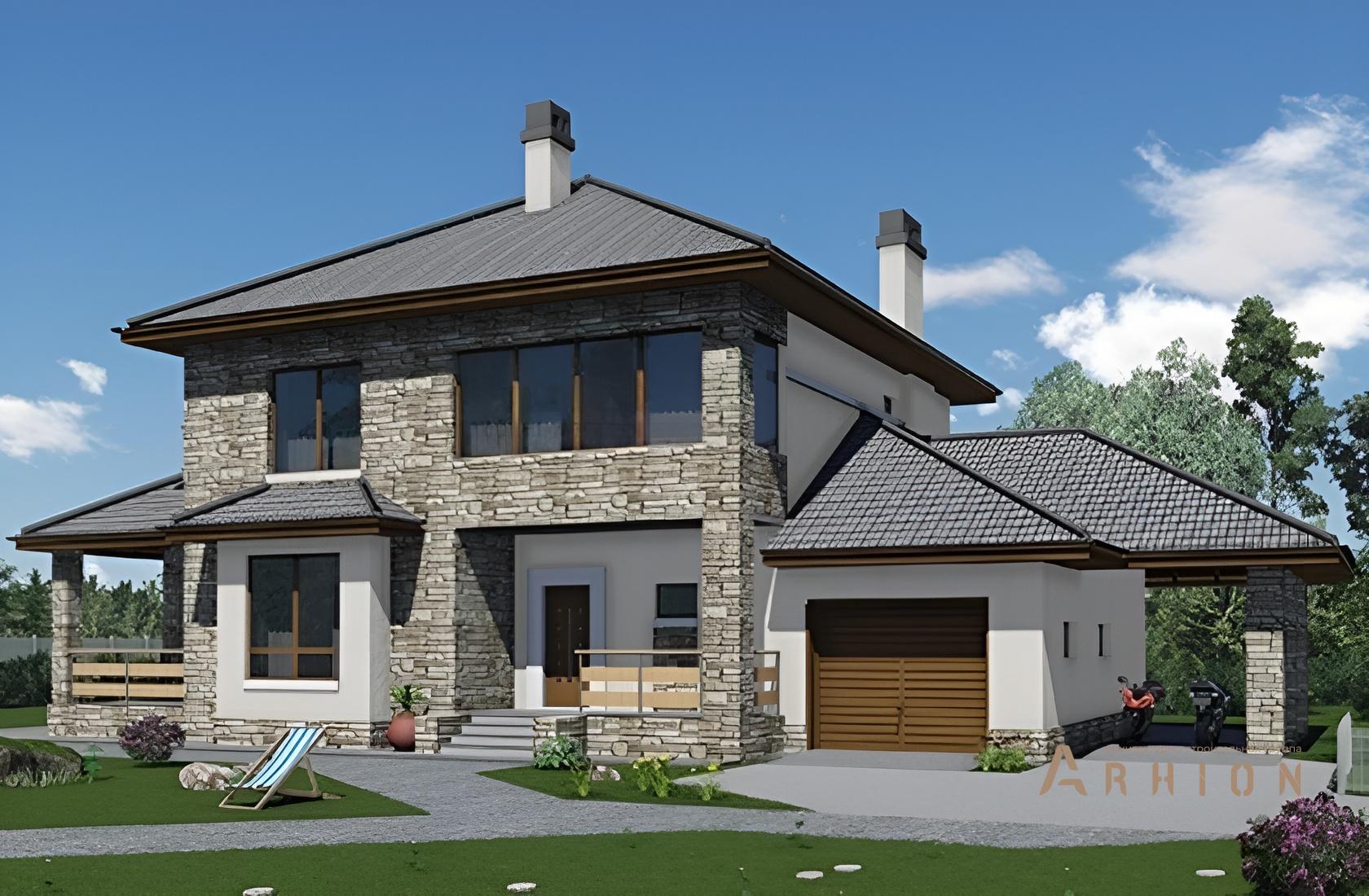 1. Проект двухэтажного дома в современном стиле с четырехскатной, 40-80, площадью - 216 кв c терассой, гаражом