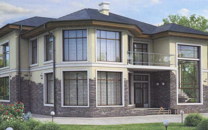 1. Проект двухэтажного дома в современном стиле с многоскатной кровлей, 40-94, площадью - 367 кв c терассой, балконом, эркером, вторым светом