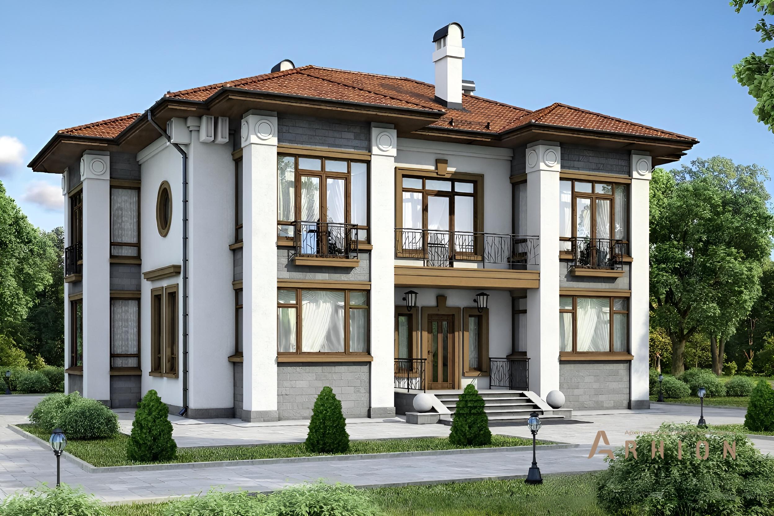 1. Проект двухэтажного дома в современном стиле с четырехскатной, 40-96, площадью - 408 кв c терассой, балконом, эркером