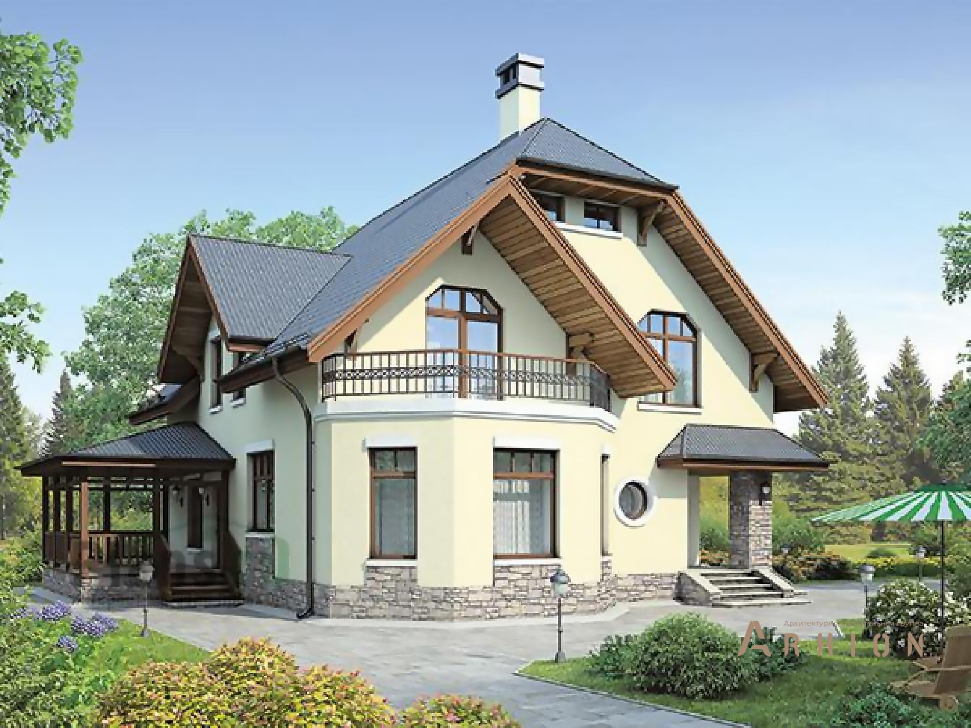 2. Проект одноэтажного дома в европейском стиле с многоскатной кровлей, 41-36, площадью - 153 кв c мансардой, терассой, балконом, эркером