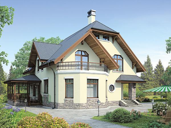 1. Проект одноэтажного дома в европейском стиле с многоскатной кровлей, 41-37, площадью - 172 кв c мансардой, терассой, балконом, эркером