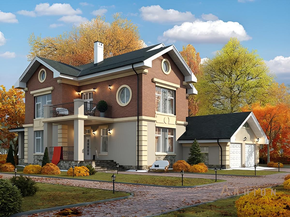 1. Проект двухэтажного дома в английском стиле с многоскатной кровлей, 42-20, площадью - 283 кв c терассой, балконом, гаражом