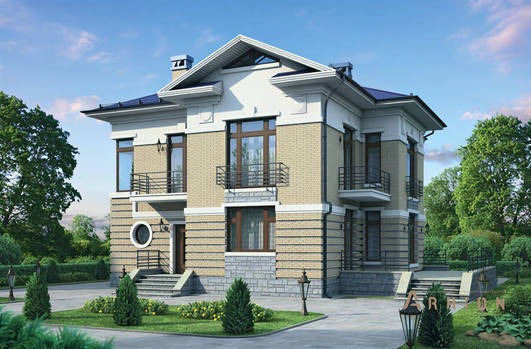 1. Проект двухэтажного дома в английском стиле с четырехскатной, 42-28, площадью - 199 кв c сауной, терассой, балконом