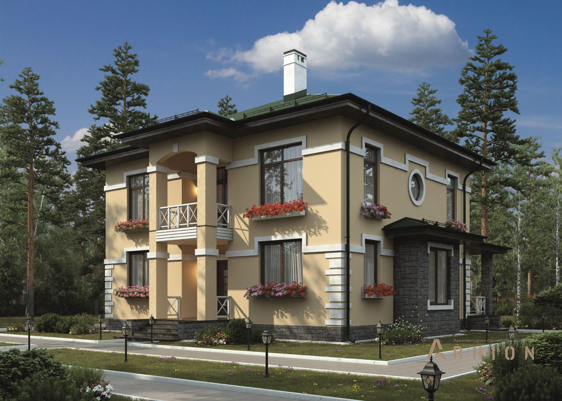 1. Проект двухэтажного дома в современном классическом стиле с четырехскатной, 42-72, площадью - 157 кв c терассой, балконом, эркером