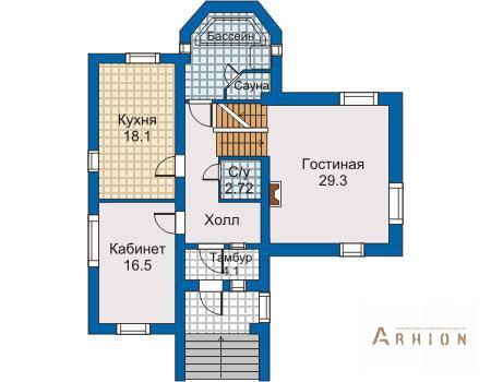 2. Проект двухэтажного дома в европейском стиле с многоскатной кровлей, 50-39, площадью - 251 кв c цокольным этажом, мансардой, сауной, бассейном, эркером