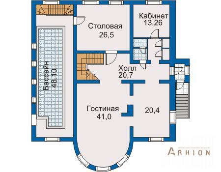 2. Проект одноэтажного дома в европейском стиле с многоскатной кровлей, 50-42, площадью - 433 кв c цокольным этажом, мансардой, сауной, эркером, вторым светом