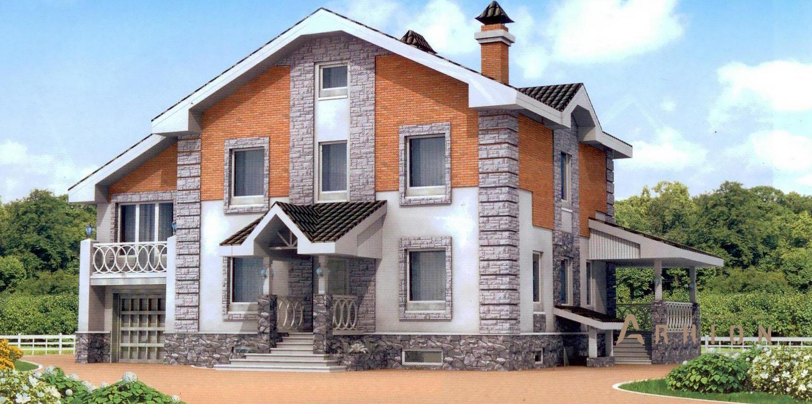 1. Проект двухэтажного дома в европейском стиле с двускатной кровлей, 50-76, площадью - 290 кв c терассой