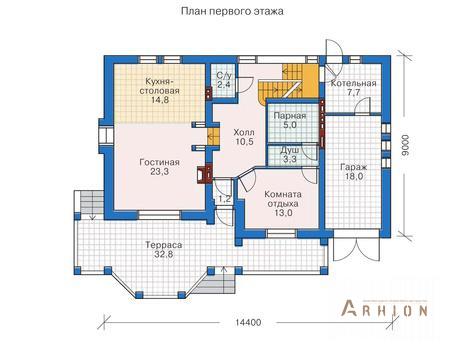 2. Проект двухэтажного дома в европейском стиле с четырехскатной, 50-92, площадью - 344 кв c цокольным этажом, терассой, гаражом