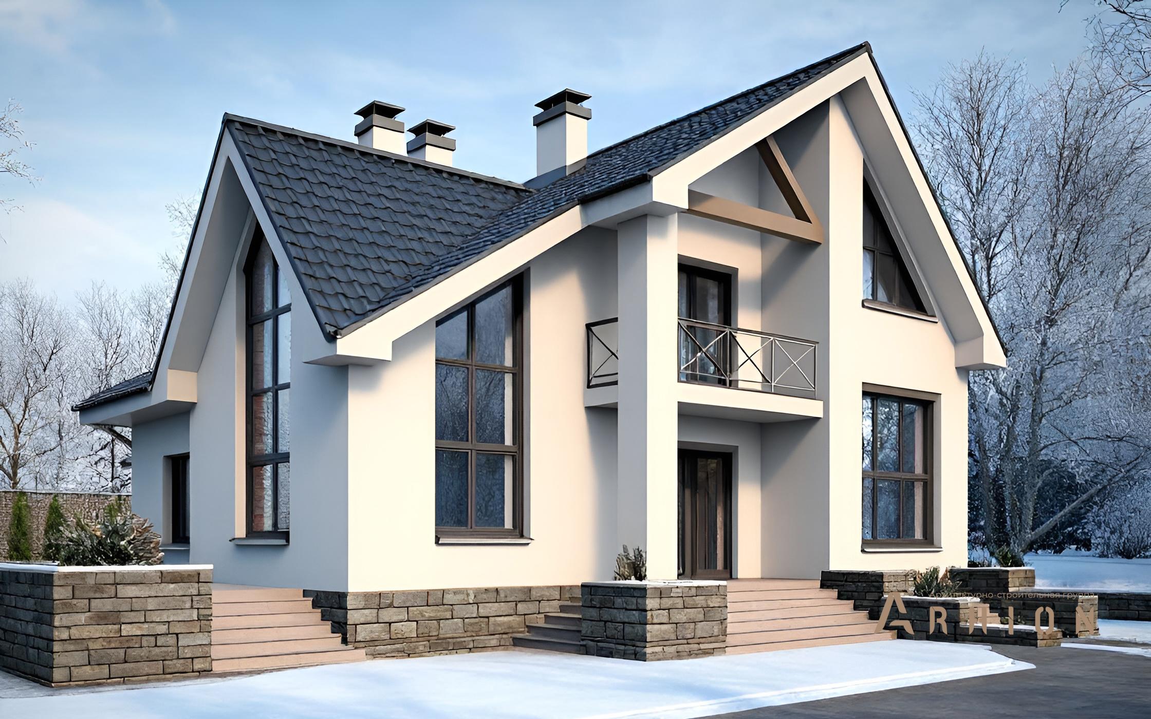 1. Проект одноэтажного дома в европейском стиле с плоской кровлей , 51-01, площадью - 242 кв c цокольным этажом, мансардой, сауной, балконом