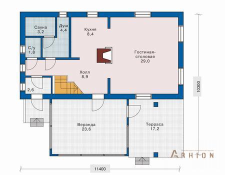 2. Проект двухэтажного дома в европейском стиле с плоской кровлей , 51-13, площадью - 149 кв c мансардой, сауной, терассой, балконом