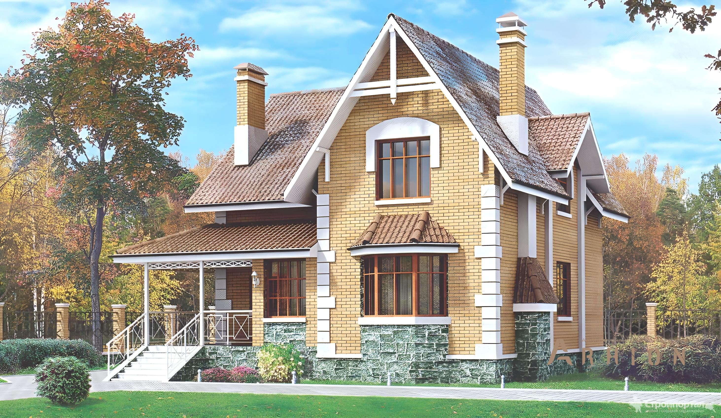 1. Проект одноэтажного дома в английском стиле с двускатной кровлей, 51-29, площадью - 150 кв c мансардой, балконом