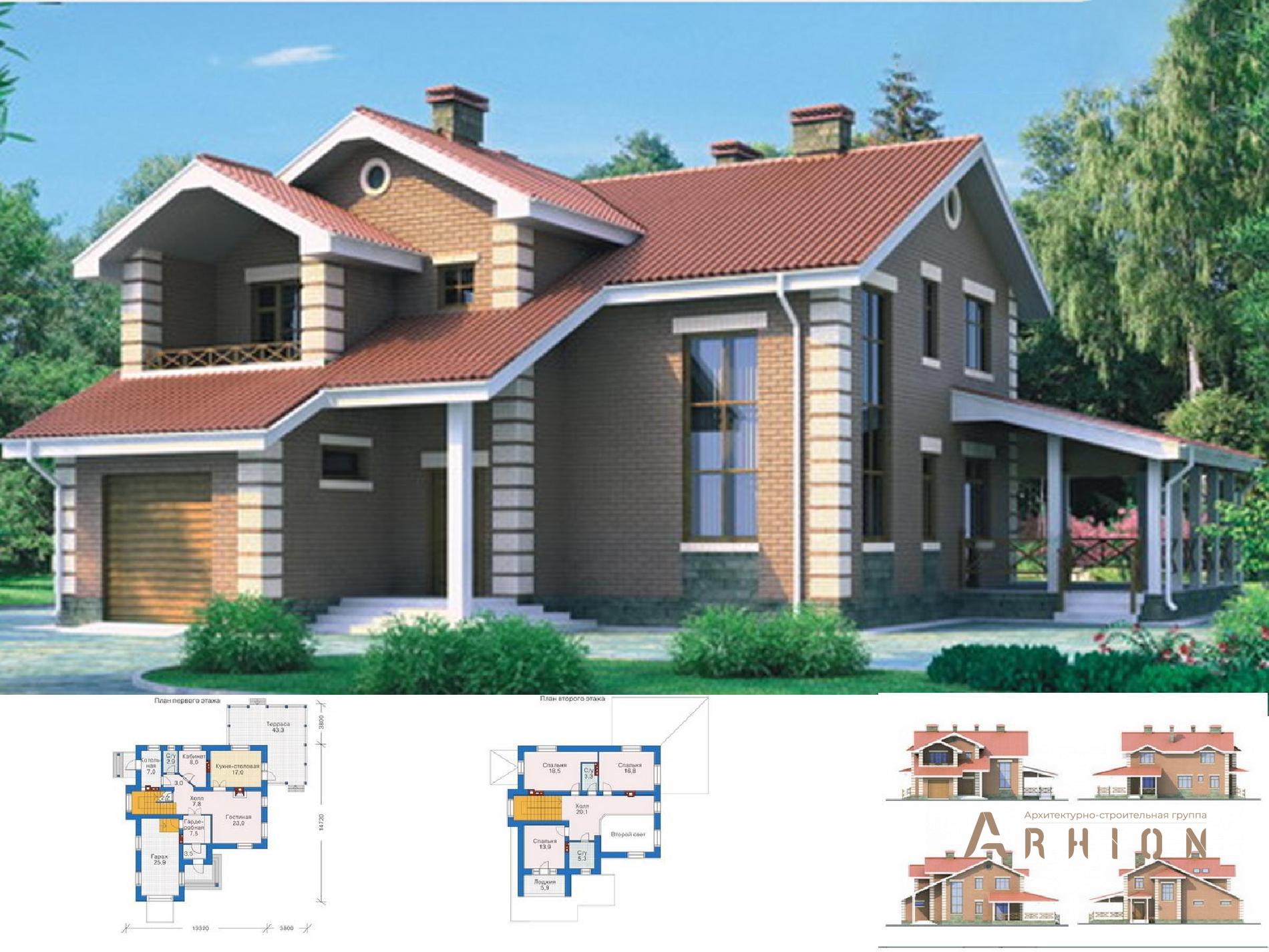 1. Проект двухэтажного дома в европейском стиле с двускатной кровлей, 51-72, площадью - 210 кв c терассой, балконом, гаражом, эркером, вторым светом