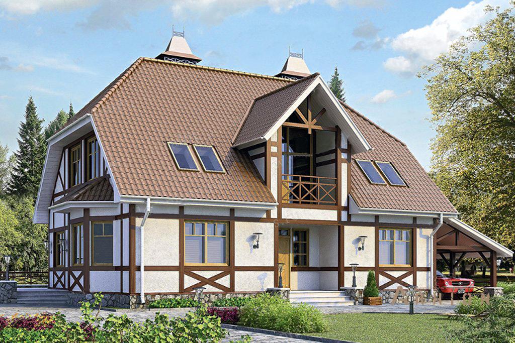 1. Проект одноэтажного дома в немецком стиле с двускатной кровлей, 51-75, площадью - 235 кв c мансардой, терассой, балконом, эркером, вторым светом